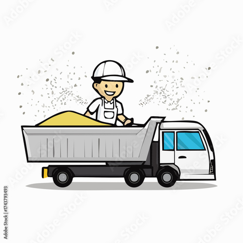 A cartoon construction worker driving a white dump truck with a load of yellow sand on a plain white background.