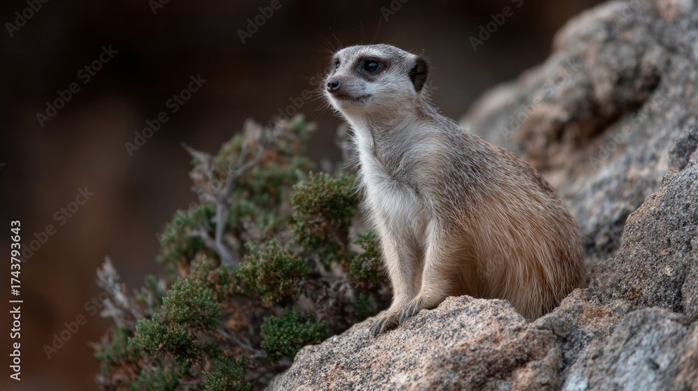 Fototapeta premium Serene meerkat poised on rugged rock amidst desert flora evokes quiet contemplation; ideal for World Habitat Day, Wildlife Appreciation