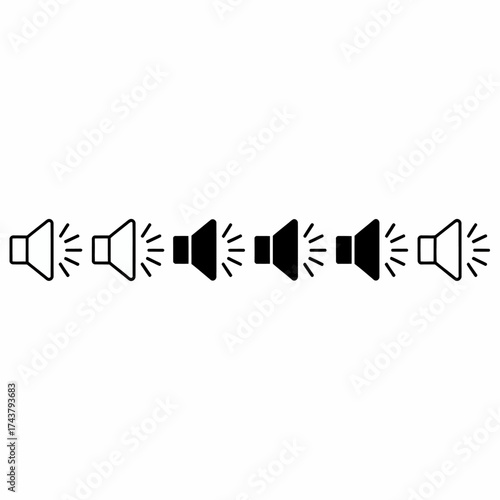 Horizontal line of six speaker icons emitting sound waves simple black and white graphic