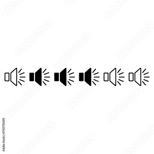 Six loudspeaker icons in a horizontal line emitting sound waves simple graphics