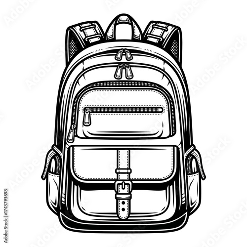 Backpack Illustration – Detailed Black and White Vector Drawing of Travel and School Bag with Front Pocket and Straps