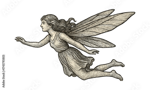 Enchanting vintage fairy with wings in hand-drawn style
