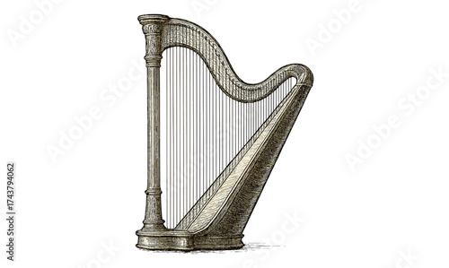 Detailed vintage harp with engraved details and elegant design in sketch style
