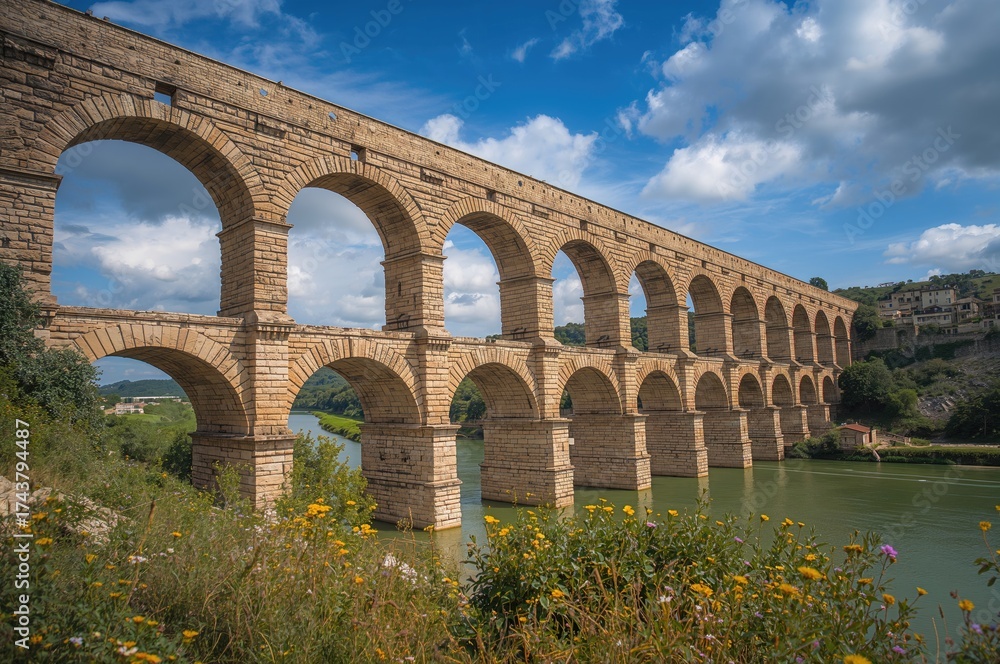 Obraz premium An old Roman water bridge spanning a river in the south of Europe