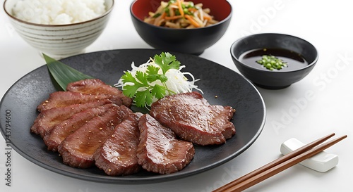 Delicious grilled beef tongue meal with rice and soup
