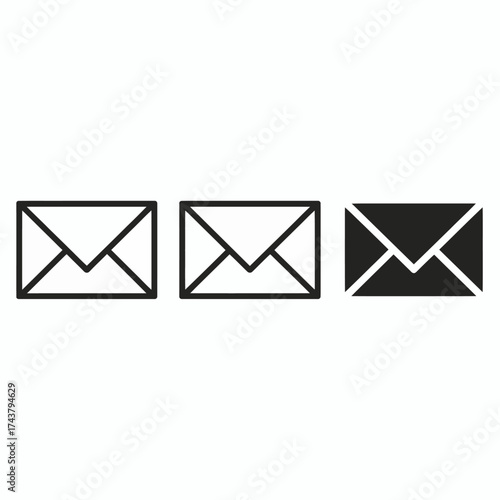 Minimalist icons set of three email envelopes simple line art designs for communication
