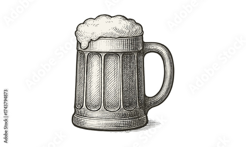 Vintage engraving style beer mug with foam on white background