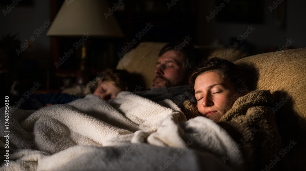 Obraz premium A serene evening tableau of a Caucasian family nestled in blankets, embodying hygge, cozy nights, and World Sleep Day