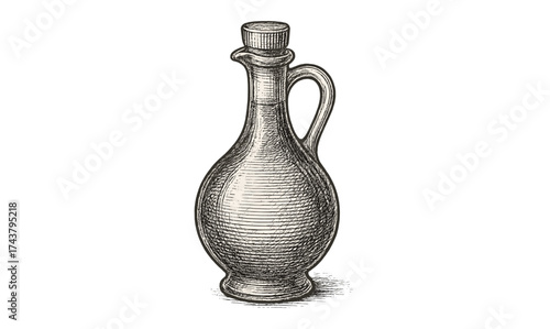 Vintage engraved olive oil bottle with handle in black and white