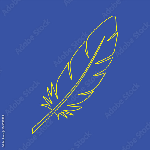 Minimalist neon line art of a detailed feather against a solid blue , emphasizing simplicity and elegance in design