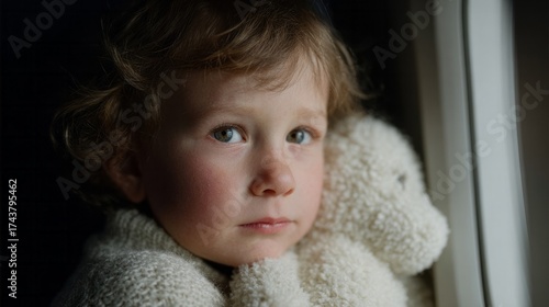 Tender gaze out the window, cherub-faced child cradles fluffy confidant, evoking Solstice musings and Day of Light reflections