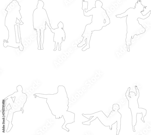Collection of 8 black silhouettes showing people sitting cross-legged, standing casually, walking with purpose and resting. Perfect for urban scenes, architecture plans, infigraphics, lifestyle.