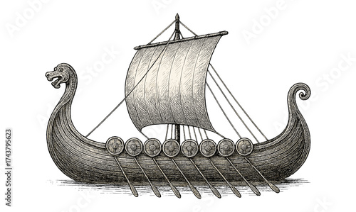 Detailed hand-drawn viking longship with dragon head and sail in vintage style