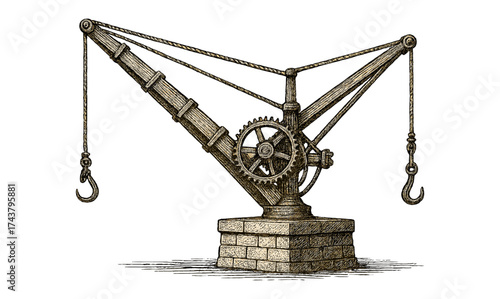 Vintage industrial crane with gears and pulley system on stone base