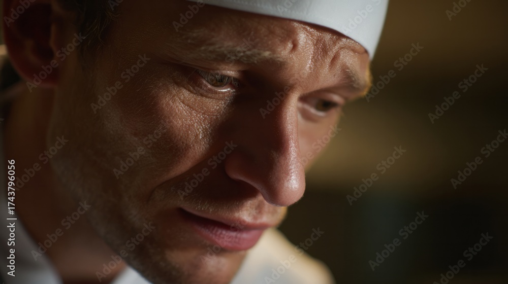 Fototapeta premium Pensive European male chef in serene contemplation, evoking flavors of culinary innovation, Gastronomy Day, and introspective creativity awakening