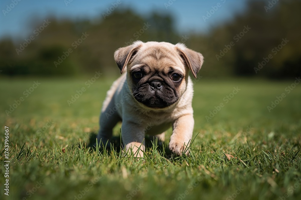 Fototapeta premium Picture of a small pug puppy frolicking outdoors under bright sunlight