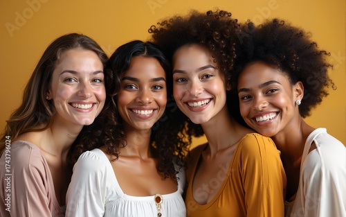 Cheerful young women with different skin tones smiling while standing together. High quality