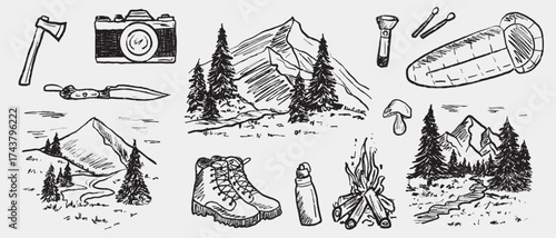 Hand drawn camping and hiking set. Vector sketch illustration in vintage crayon charcoal style. Boots, axe, knife, campfire, sleeping bag, water bottle, flashlight, camera, and landscapes
