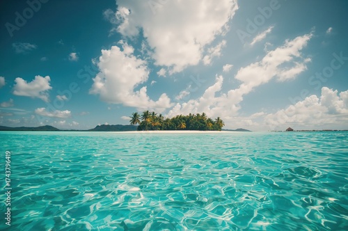 Scenic vista of a tropical atoll with clear waters and sandy shores under a bright sky