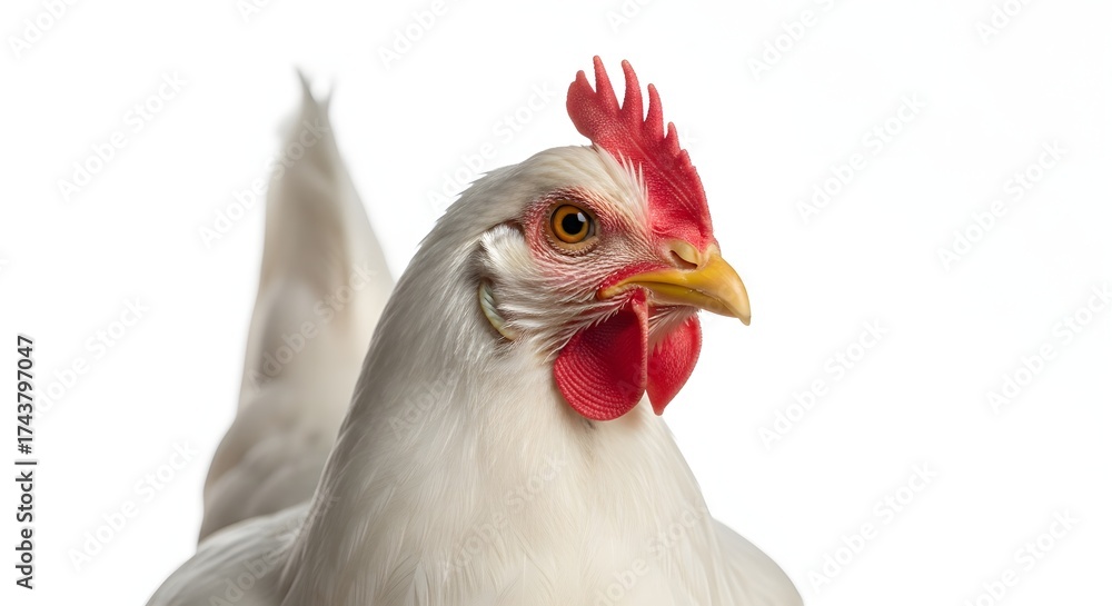 Fototapeta premium Close-Up Action Shot of a Proud Chicken, Farmyard Setting, Animal Portrait, Indoor Studio, Natural Lighting, Focused Perspective