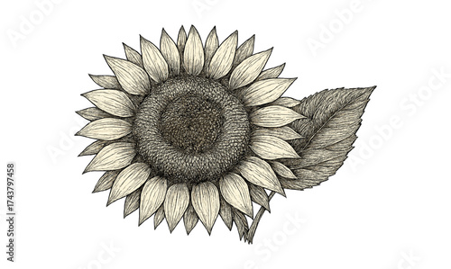 Detailed hand drawn sunflower sketch with intricate petals and leaves