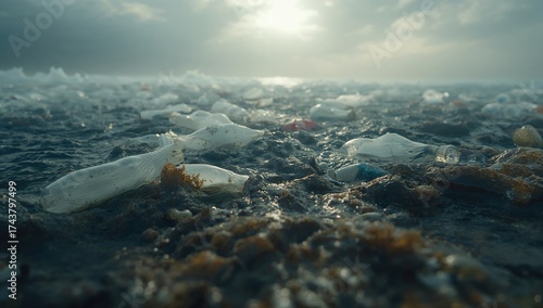 Plastic containers and waste drifting in oil-polluted seawater