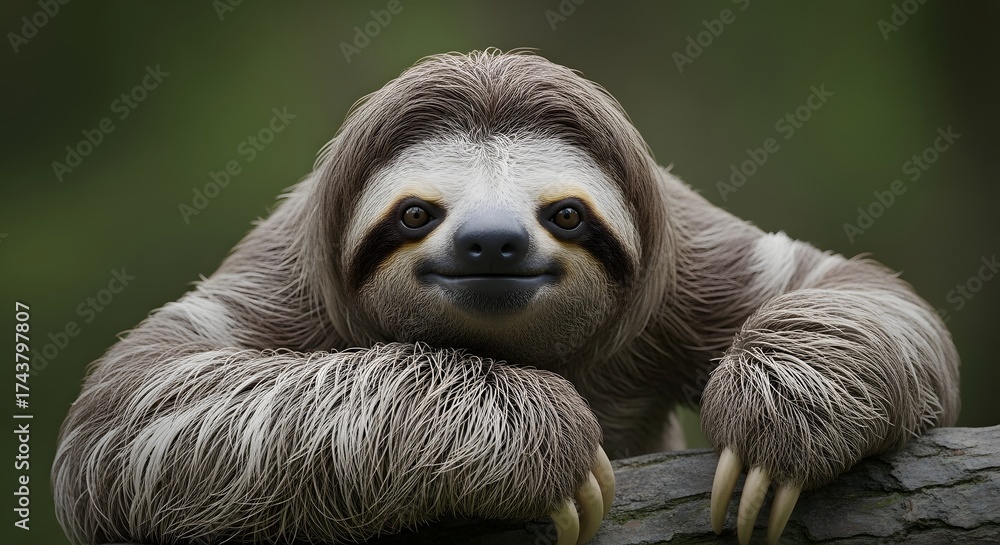 Fototapeta premium Sloth Relaxing on Tree Branch in Lush Forest, Wildlife Photography, Calm Environment, Close-Up View