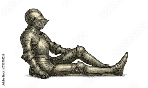 Antique engraved armor suit featuring seated knight in detailed historic style