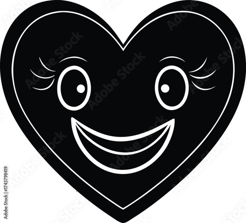 Smiling Heart Silhouette Icon Vector | Cute Happy Face Love Symbol in Black | Valentine Emoji Design
