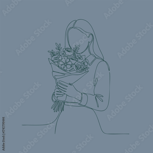 Elegant woman holding a bouquet of flowers with a gentle expression and stylish attire in a minimalist line art style