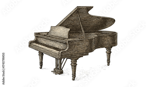 Elegant vintage grand piano with open lid in intricate drawing style