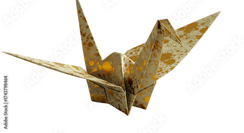 Traditional Japanese paper craft origami crane with golden metallic distressed texture and design isolated PNG with Transparent Background