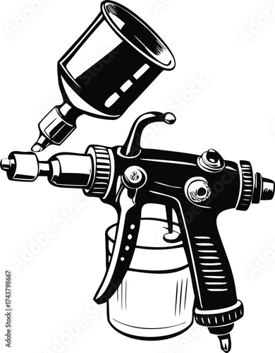 Detailed black and white image of a professional spray gun for painting and finishing work