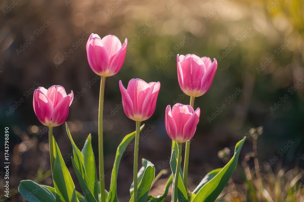 Fototapeta premium Bright pink tulips blossoming under the morning sun in a garden
