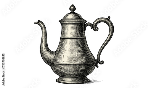 Vintage teapot with elegant curved spout in detailed engraving style