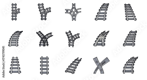 Collection of fifteen different train track designs, including straight, curved, and junction pieces, arranged on a white background.