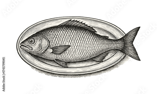 Detailed vintage engraving of a fish on a plate