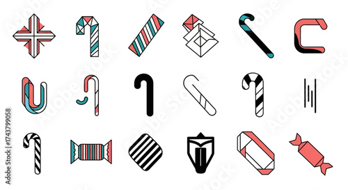 Collection of candy cane and wrapped candy icons in various styles and colors, arranged in a grid.