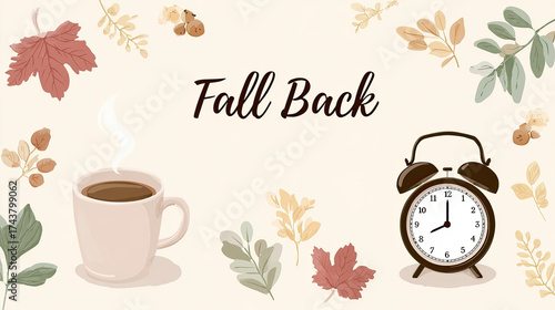 Fall Back Vector Banner with Coffee Cup and Alarm Clock – Autumn Time Change banner