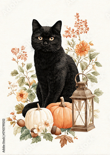 Black cat with pumpkins, fall flowers and vintage lantern, Halloween watercolor illustration on white background