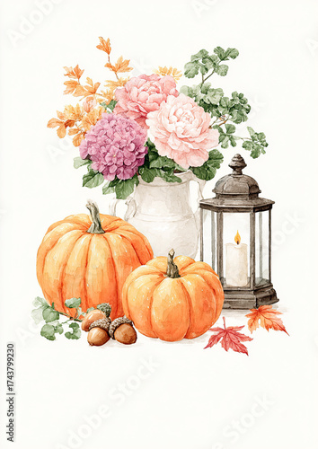 Pumpkins, acorns and peonies in ceramic vase with rustic lantern, watercolor autumn still life illustration