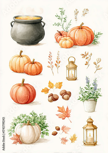 Cauldron, pumpkins, herbs and lanterns set. Halloween watercolor clipart with cozy autumn elements