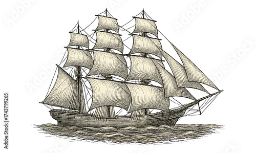 Vintage sailing ship with full sails on ocean waves in detailed sketch style