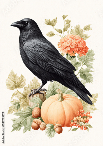 Raven perched on pumpkins with florals in autumn scene