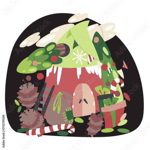 Flat style vector illustration on a New Year's theme. A cute little New Year's house with Christmas trees and decorations.