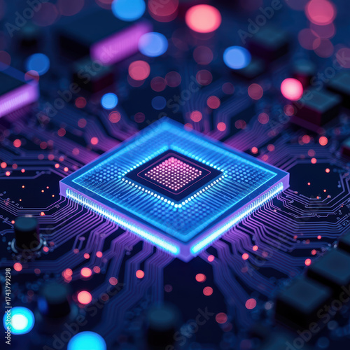 High tech microchip glowing with vibrant colors, surrounded by intricate circuit patterns, showcasing advanced technology and innovation