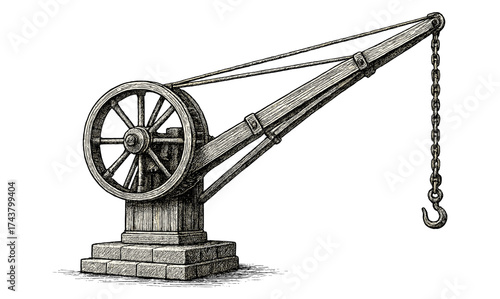 Vintage hand-drawn industrial crane with chain and hook in monochrome style