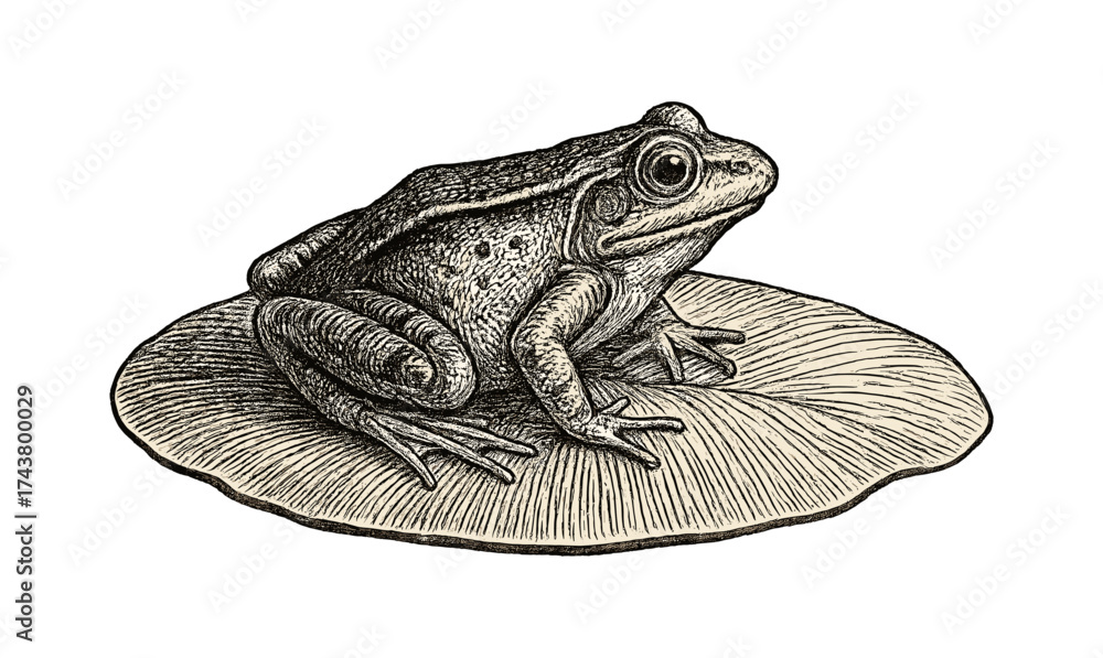 Naklejka premium Detailed hand-drawn frog on lily pad for nature and wildlife designs