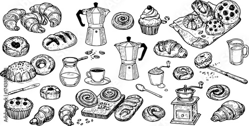 Hand-drawn black and white line art of a classic breakfast set including a croissant, toast, fried eggs, coffee, and juice. Minimalist doodle-style vector illustration perfect for coloring books, food