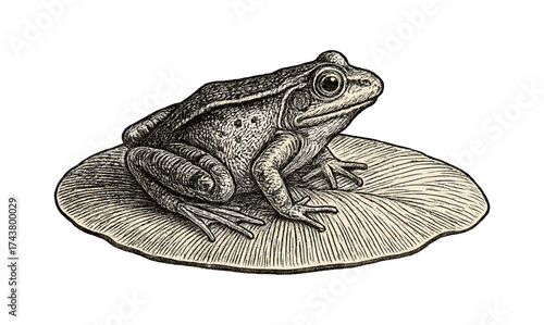 Detailed hand-drawn frog on lily pad for nature and wildlife designs